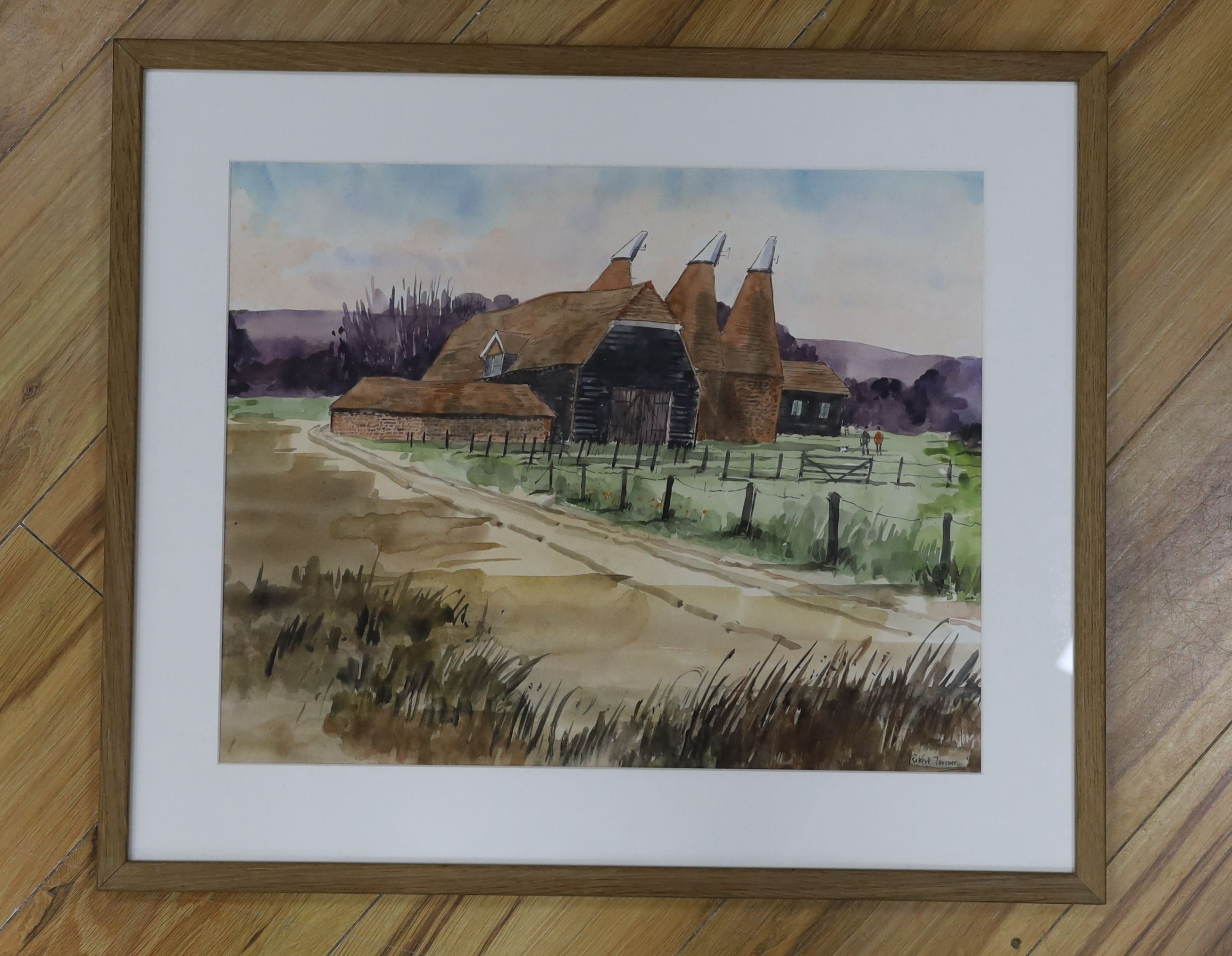 Robert Tavener (1920-2004), ink and watercolour, Oast houses, signed, 37 x 46cm